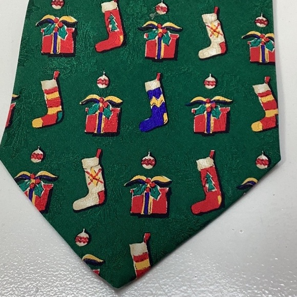 Robert Talbots Holiday Green Tie with Stockings, Gifts & Christmas Balls - Picture 1 of 8